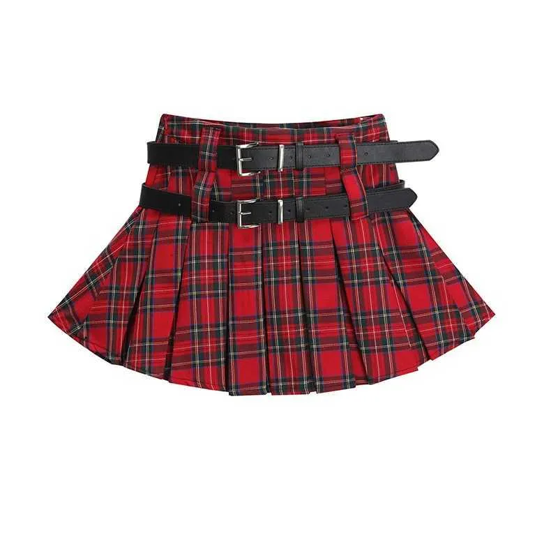 التنانير 2023 عالية الخصر A-LINE RED PLAID PLAID TIRTTS CLOSE MINI Girls Punk Skirt shorts Harajuku Y2K Kawaii Summer Skater Y240420