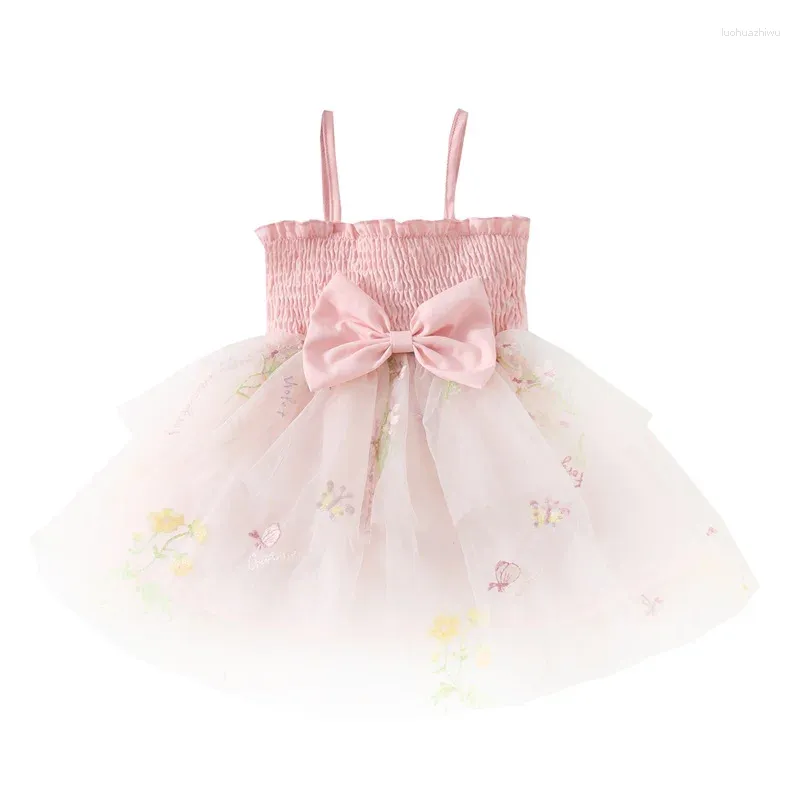 Mädchenkleider Kleinkind Kind Mädchen Prinzessin Kleider Sommer Ärmel und bogenknoten blumig gestickeltes Mesh A-Line Tulle für Geburtstagsfeier