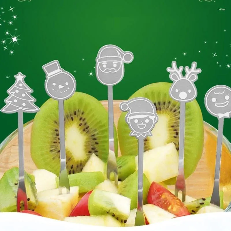 Garfos 6pcs/conjunto de natal frutas de aço inoxidável Salada de aço sobremesa Pictaques de dente palhetas festas de mesa de cozinha festas