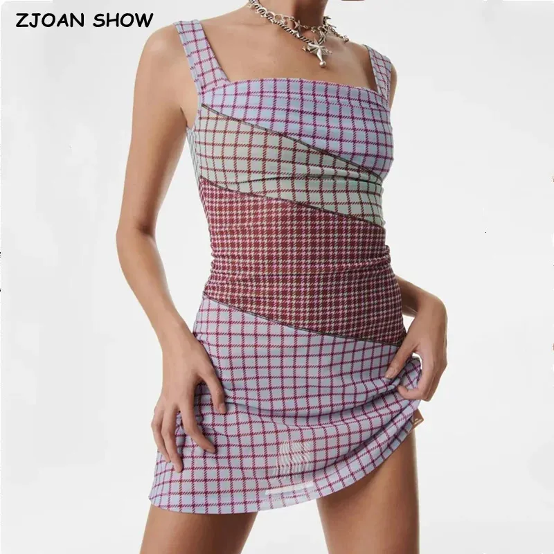 Sexy ruches u kraag contrast Kleur Plaid Print Mini Mesh Sling Dress Women Pakketten Heupen A-Lined Robe met voering 240420