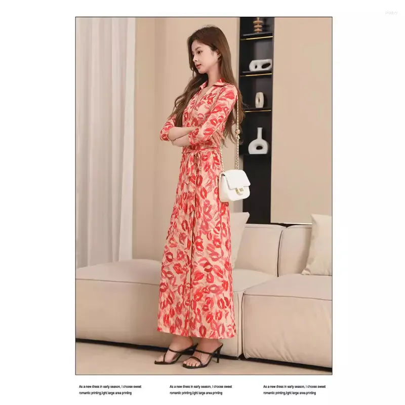 Casual Dresses 24 Summer Women's Flip Collar Split Style Slim Fit Wrap Long Dress Fragmentered Flower