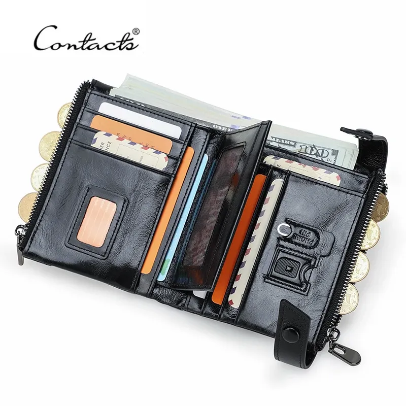 Portefeuilles Contact 100% cuir de vache portefeuille Men de cartes bifold portefeuille RFID Blocking Haspzipper Coin Purse for Male Carteira Quality