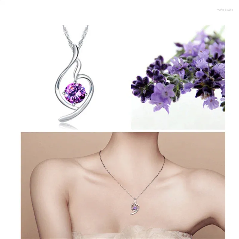 Anhänger Elegant Crystal Purple Heart Anhänger Halskette für Lady Choker Accessoires Trendy Silber 925 Wellenkette Weibliche Schmuck