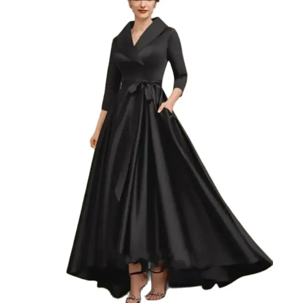 Elegant Long High-Low Satin Mother Of The Bride Dresses Asymmetrical Plus Black V-Neck Groom Mother Dresses With Pockets La madre del vestido de novia for Women