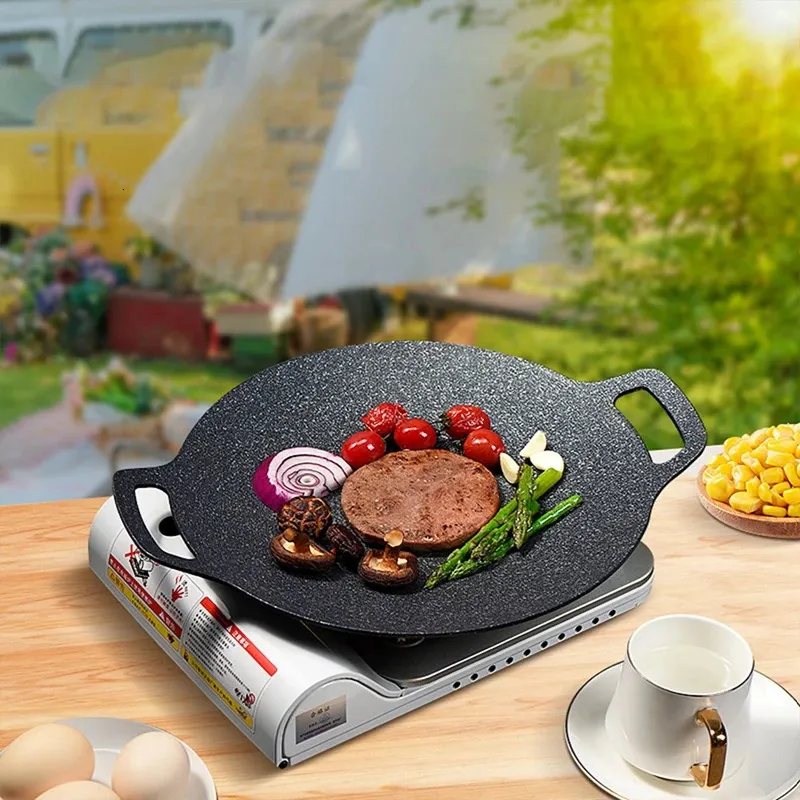 Korean BBQ Grill Pan Smokeless Round Griddle Barbecue Plate Inomhus utomhusgrillande stekning med värmesinnehavare 240415
