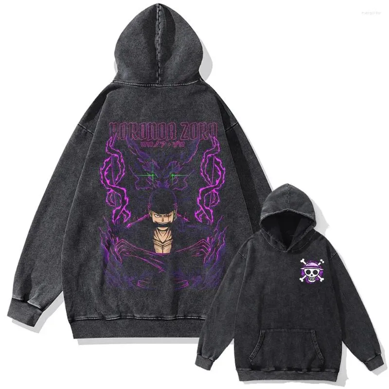 Men's Hoodies Oversized Hoodie Men Hip Hop Washed Black Anime Graphic Double Sided Hooded Pullover Harajuku Cotton Sweatshirt