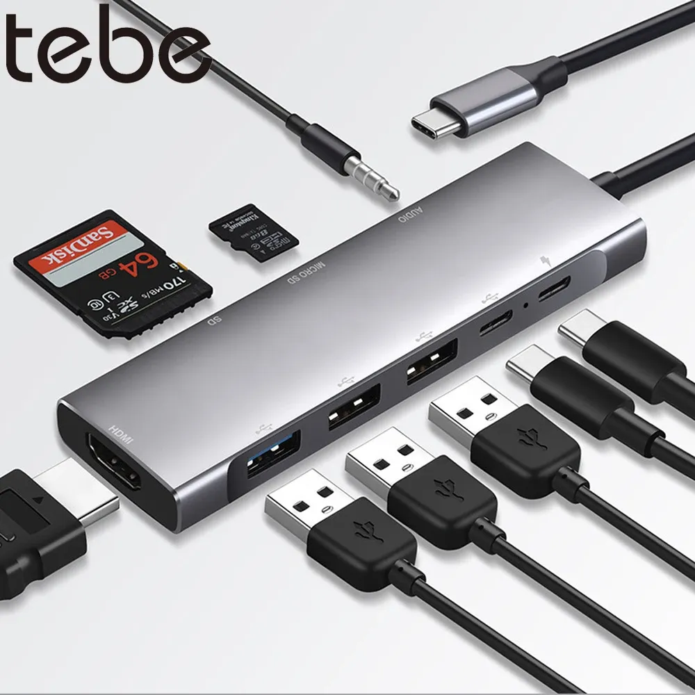 Hubs Tebe USB C Hub for iPad Macbook Air Pro 9 IN 1 Typec to 4K HDMIAdapter Multi USB Splitter with 3.5mm Aux SD/TF Card Reader