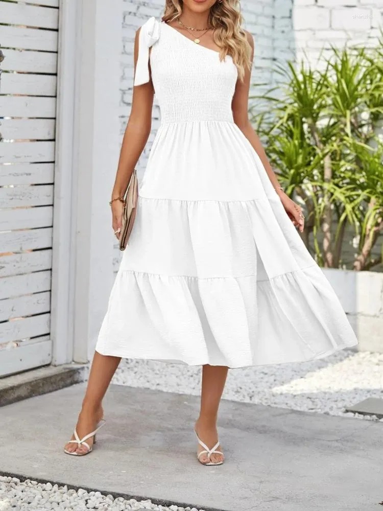 One Shoulder Pleated Layered Bottom Dress for Women Mid-Calf Length Summer  Casual Polyester Dress with Flutter Sleeve and Peplum Detail from Dhgate  Basic & Casual Dresses - price 36.21