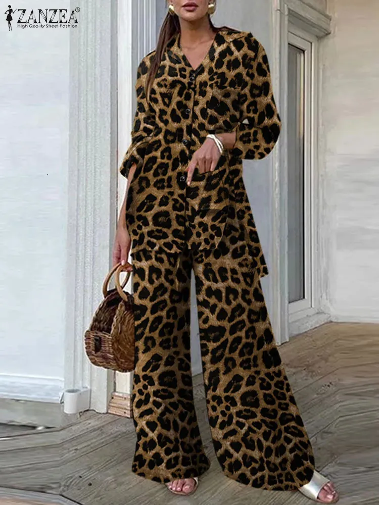 Zanzea Vintage 2pcs Pant Sets Summer Women Fashion Leopard Gedrukte casual losse tops en broek outfits Wide Leg Pant Sets 240415