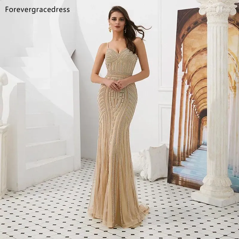 파티 드레스 Forevergracedress 실제 이미지 골드 저녁 2024 구슬 소매 소매 긴 공식 가운 플러스 크기 커스텀 메이드