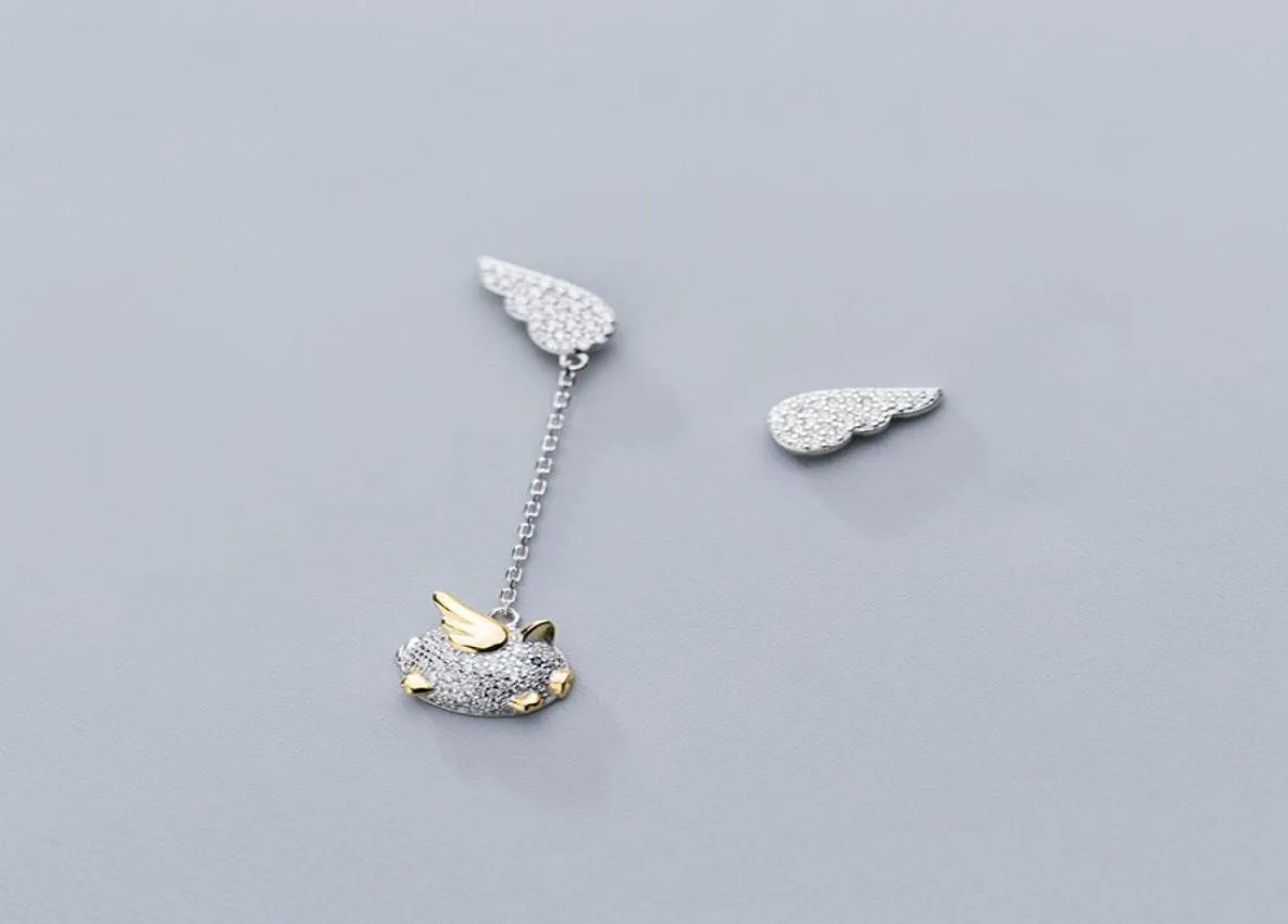 MloveAcc äkta 925 Sterling Feather Fairy Wings Flying Pig Studörhängen för kvinnor Fashion Silver Jewelry1545045