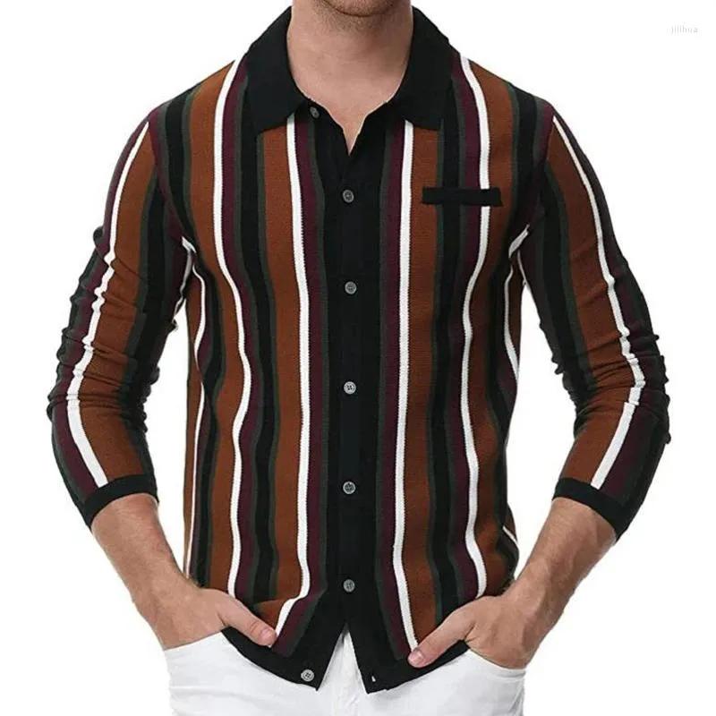 Мужские половые полосы 2024 вязаная рубашка с длинным рукавом, мужская, повседневная уличная одежда.