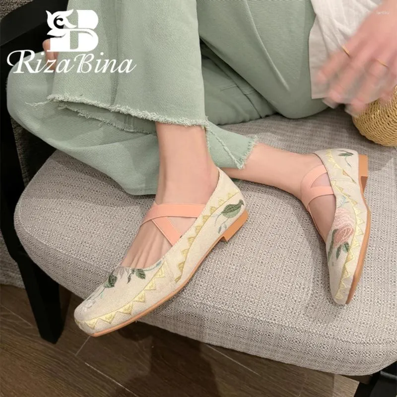 Casual Shoes Rizabina Floral broderade kvinnors pumpar Square Toe Cross-Tie Summer Vintage Flats Comfort Office