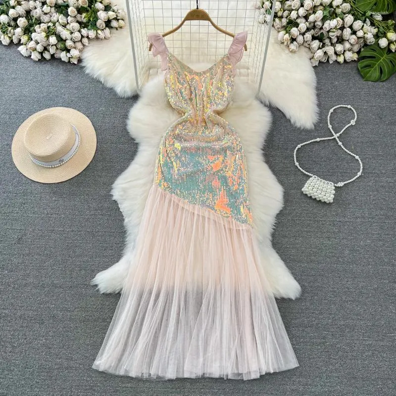 Casual Dresses Summer Women Sexy Glitter Sequined Evening Party Dress Elegant V Neck Spaghetti Strap Slim See Through Mesh Patchwork Maxi