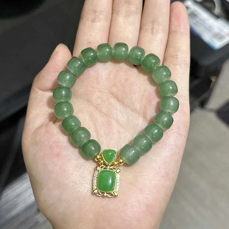 Chain Chinese Style Retro Imitation Jade Beaded Bracelet Square Rhinestone Pendant Bangle For Women Light Luxury Jewelry Gift Y240420