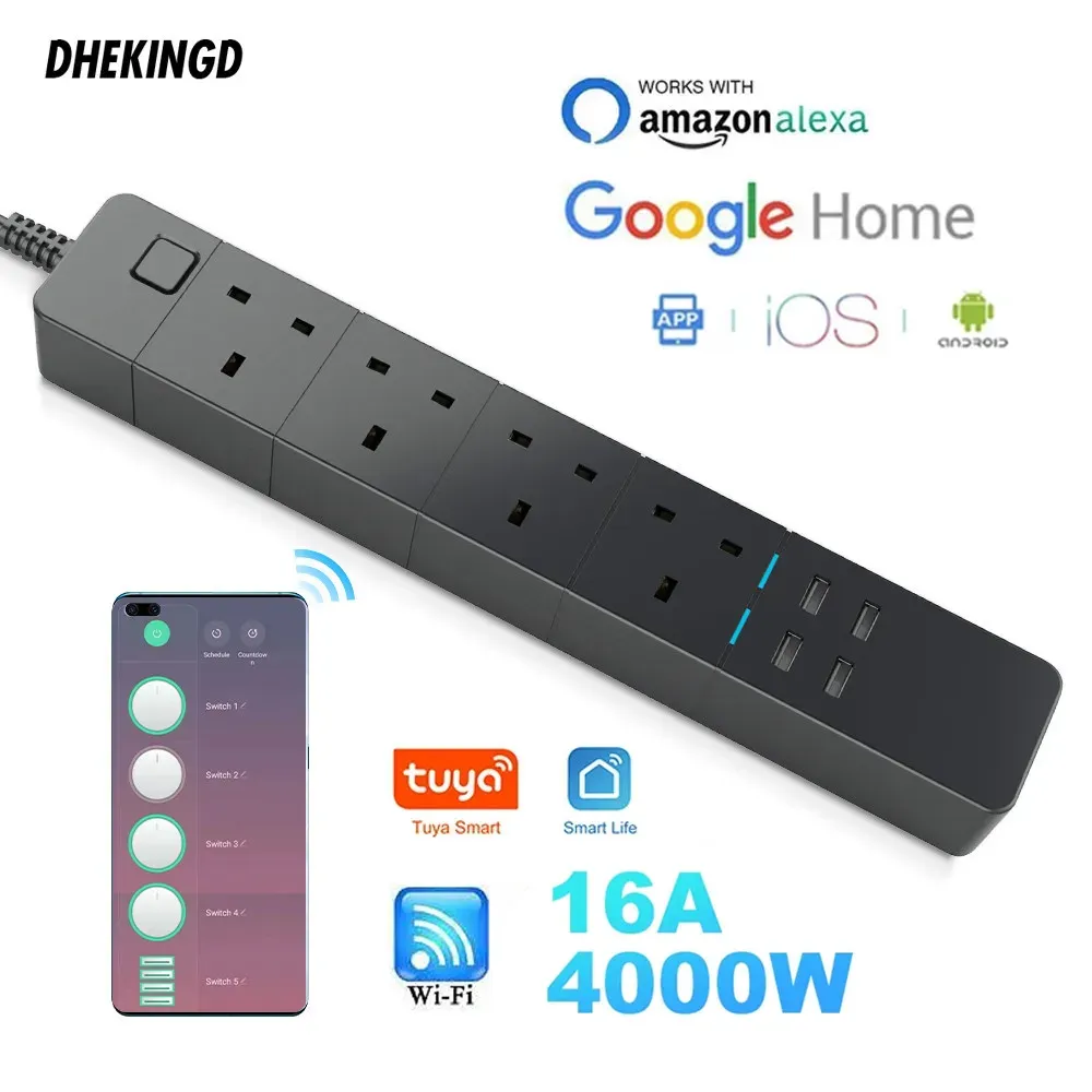 Control Smart Power Strip Uk Wifi Works with Alexa, Googlehome, Multi Plug 4 Ac Outlets & 4 Usb Charging Ports,voice Control