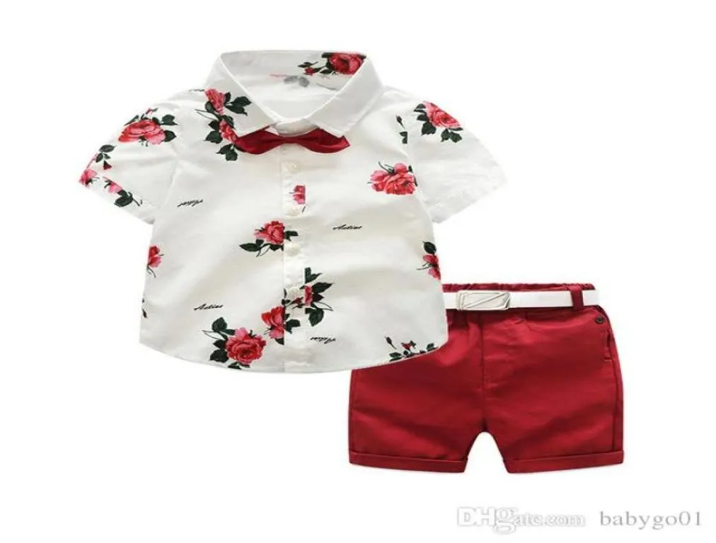Jungen Kinder formelle Anzug Set Summer Gentleman Blumen Kurzarm Shirt Shorts Gürtel 3PCS Kinderkleidung seit 27 Jahren Boy7495222
