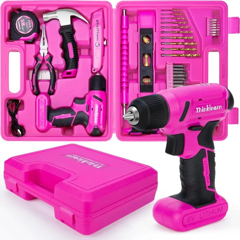 64pcs Pink Tool Set com broca sem fio 8V e kit para mulheres 38key sem chave de fenda elétrica 240409