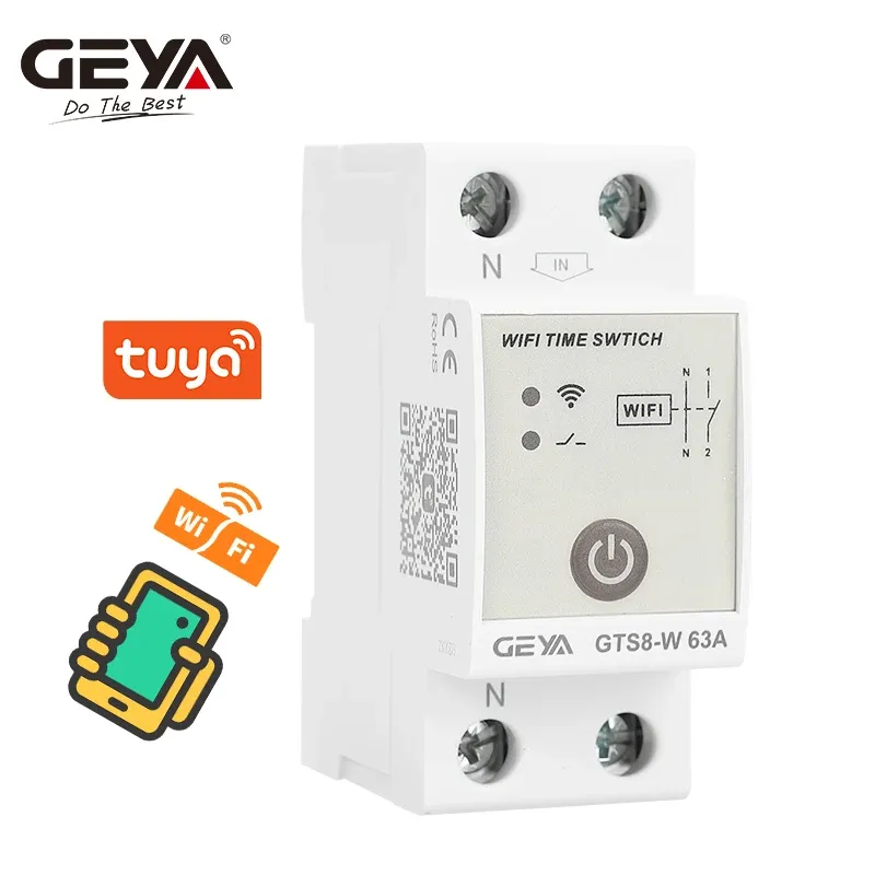 Kontrola Geya GTS8W Inteligentna przełącznik czasu Wi -Fi Din Smart Home Wireless Regleat Switch przez Tuya App AC220V 32A 40A 63A 80A