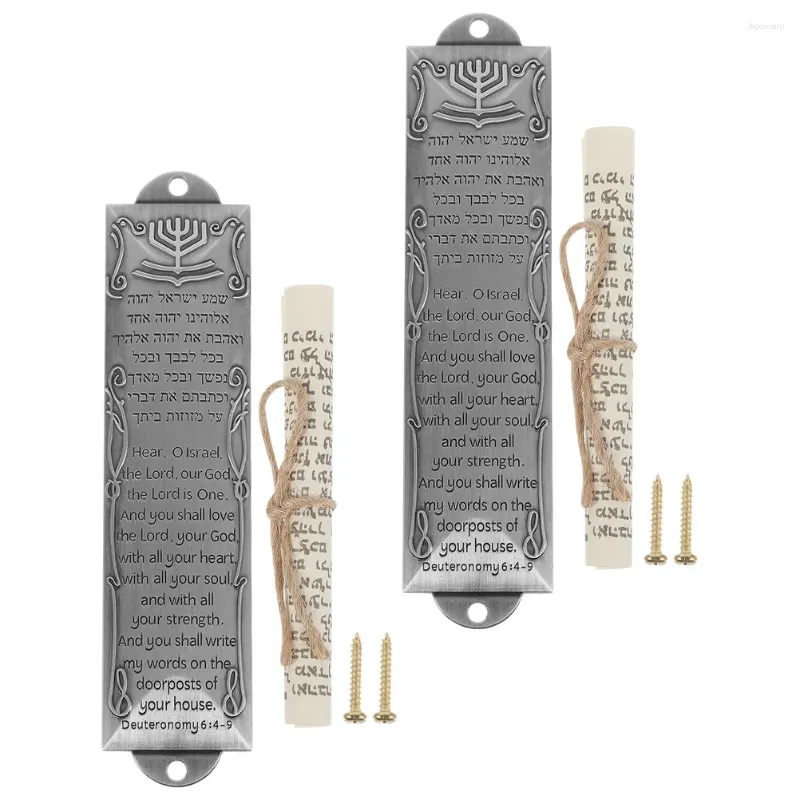 Kurtyna 2pcs metal mezuzah z grawerowaną błogosławieństwem religijnym dekoracją dla drzwi frontowych