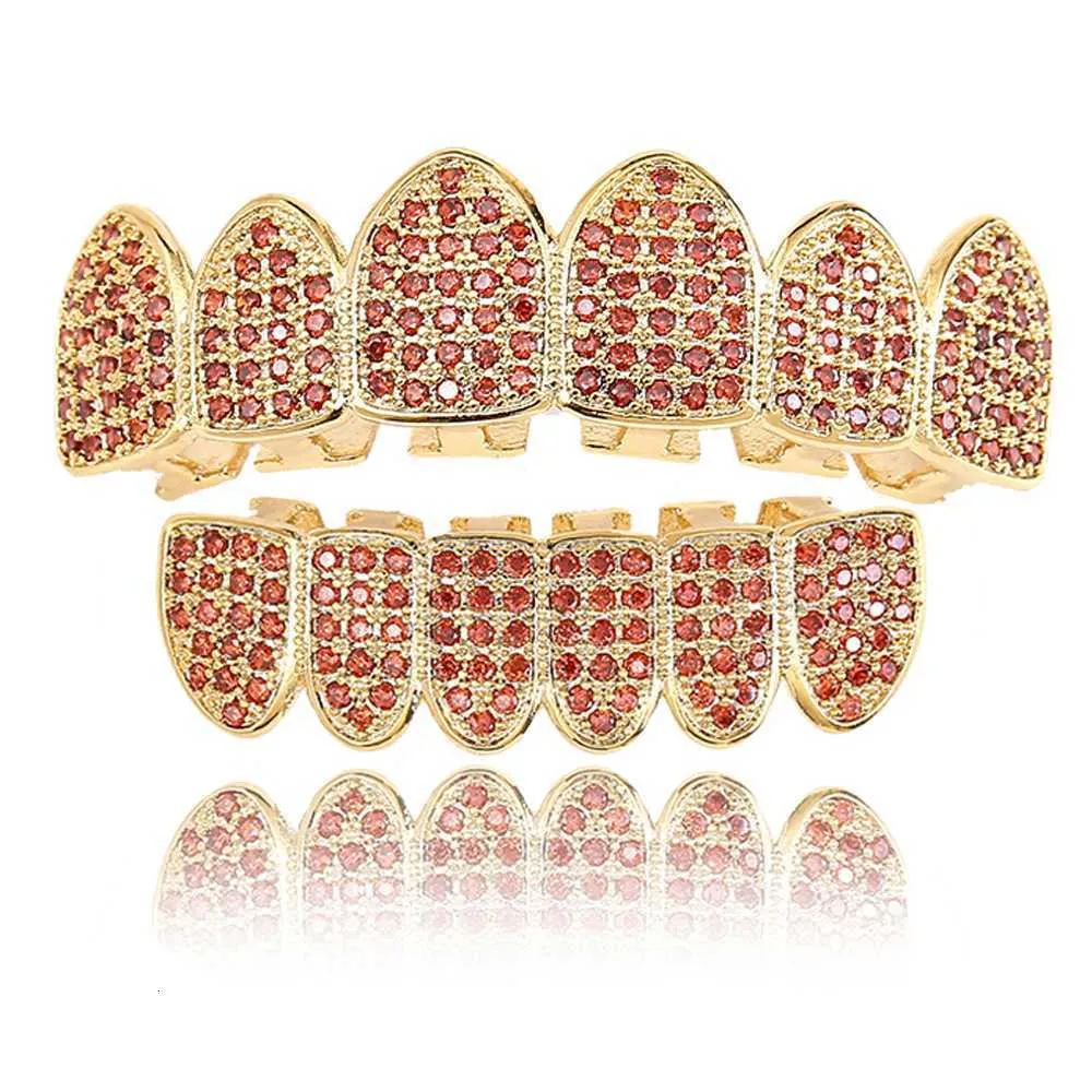 Hip Hop -Anzug farbenfrohe Mikroeinstellung Granat rot Diamant Gold Zahnanzug Hip Hop Zahnset Herrenschmuck