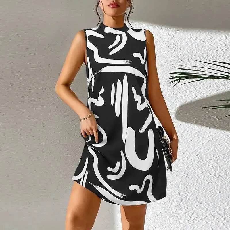 Urban Sexy Dresses 2024 Summer Style Women Print Mini Dresses Fashion Holiday Stand Collar Vestido ärmlös Tank Robe Chic Party Beach sundress Y240420