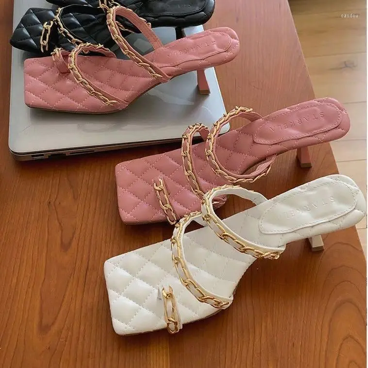 Slippers Shoes Woman 2024 Flip Flip Flops Chain High Heeled Buns Slies Luxury Indoor Dress