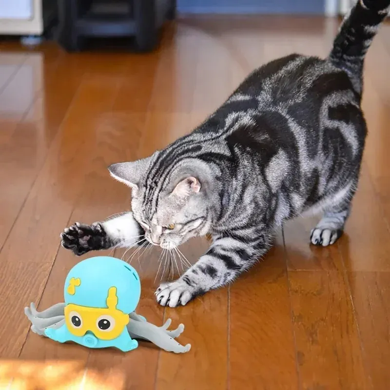 Elektrisk bläckfisk interaktiv kattleksaker för inomhuskatter Smart Kitten Toys Clockwork Rope Dra Crawl Land Water Pet -träningsleksaker