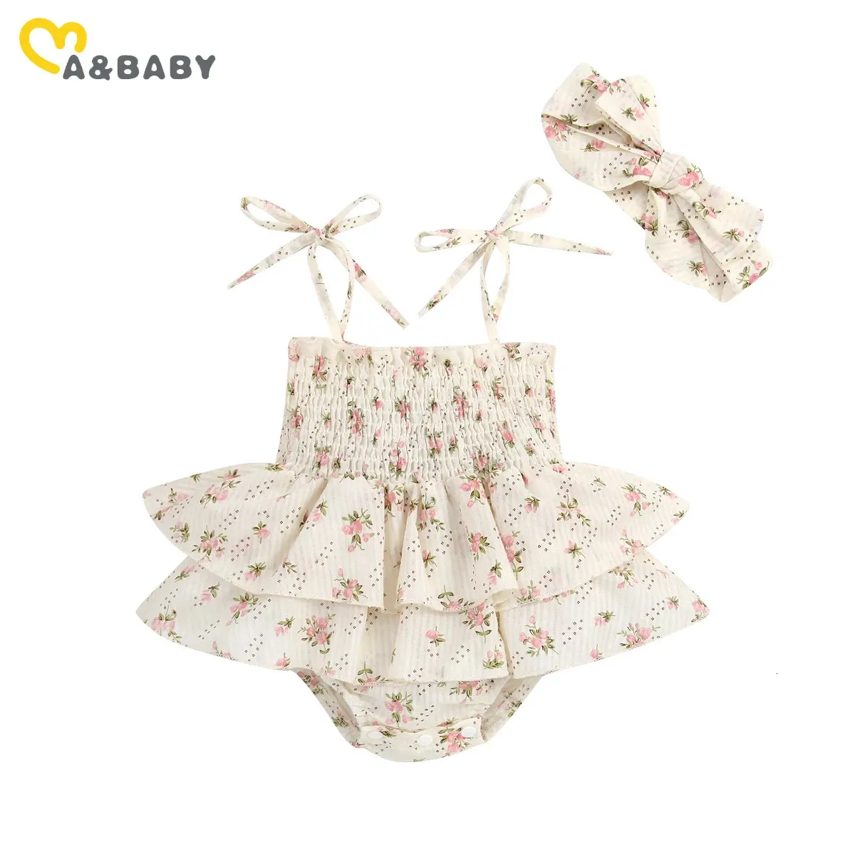 ma baby 024M Baby Girl Romper born Infant Jumpsuit Cute Floral Print Ruffle Sunsuit Headband Outfits Summer Clothing 240408