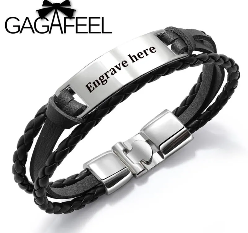 Gagafeel 4 Renk Erkekler için Özel Gravür Bangle Punk Çok Katmanlı Bilezik Paslanmaz Çelik PU Deri Bangle Male261798136