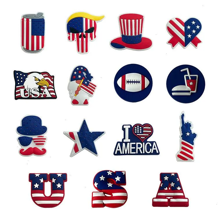 Anime charmes en gros de souvenirs d'enfance américains Us Independent Day Funny Gift Cartoon Charmes Accessoires de chaussures PVC Décoration Boucle douce