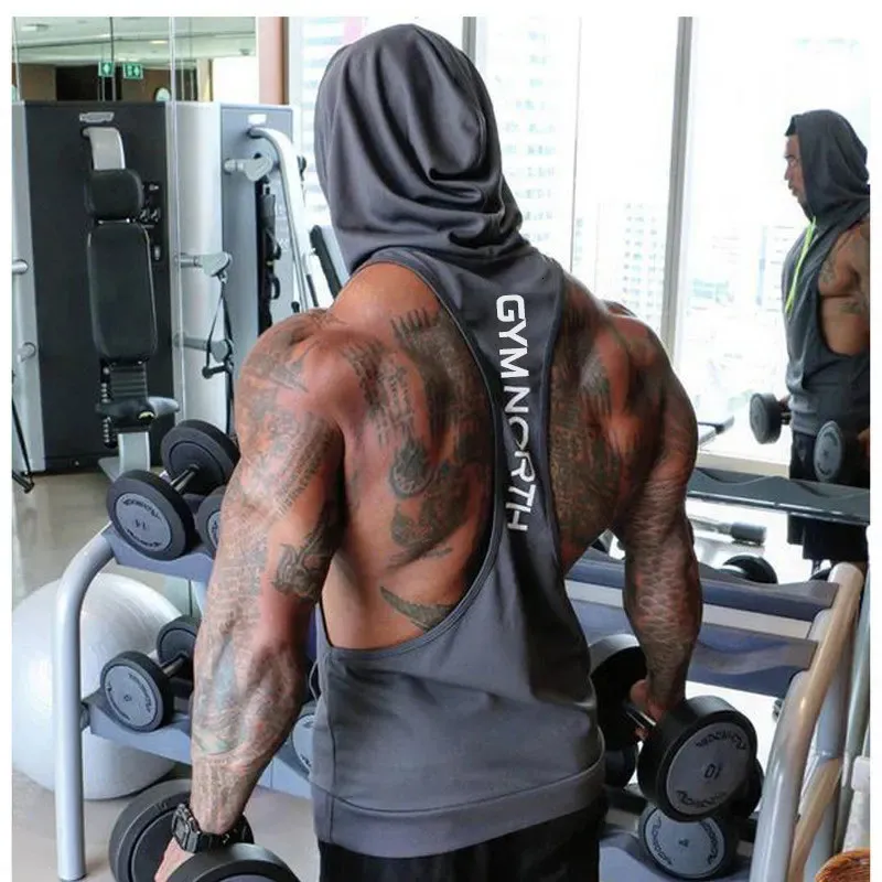 Tank Top Men Gym Clothing Black Quick Dry Mesh Fitness Shirt Hooded Vest 240420