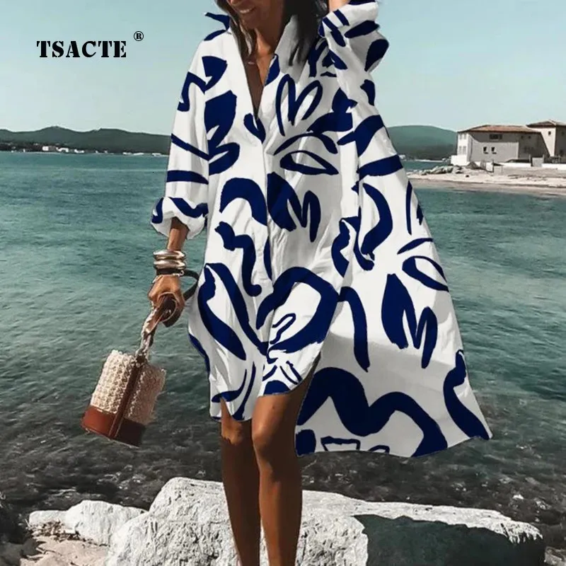 Ladies Fashion Beach Festa Vestido de Camisa de Summer Summer Autumn Buttons de manga longa casual Cardigan Lapel Impred Lapel LOLE DRESS 240417