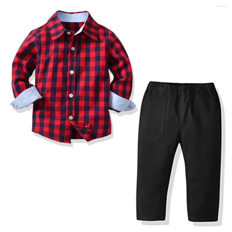 Kläderuppsättningar 2024 Kids Boys Set Long-Sleeve Check Cotton Shirt Black Trouser Suit Children 2 Piece Casual Clothes TZ053
