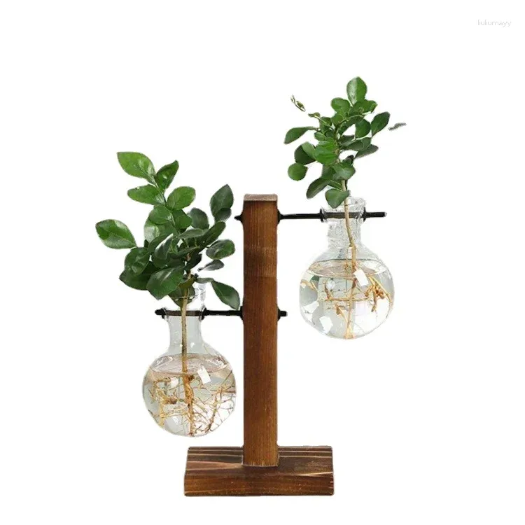 Вазы растения стеклянные вазы деревянные рамы гидропонные зеленые прозрачные простые творческие украшения на рабочем столе украшения домашнее искусство декор