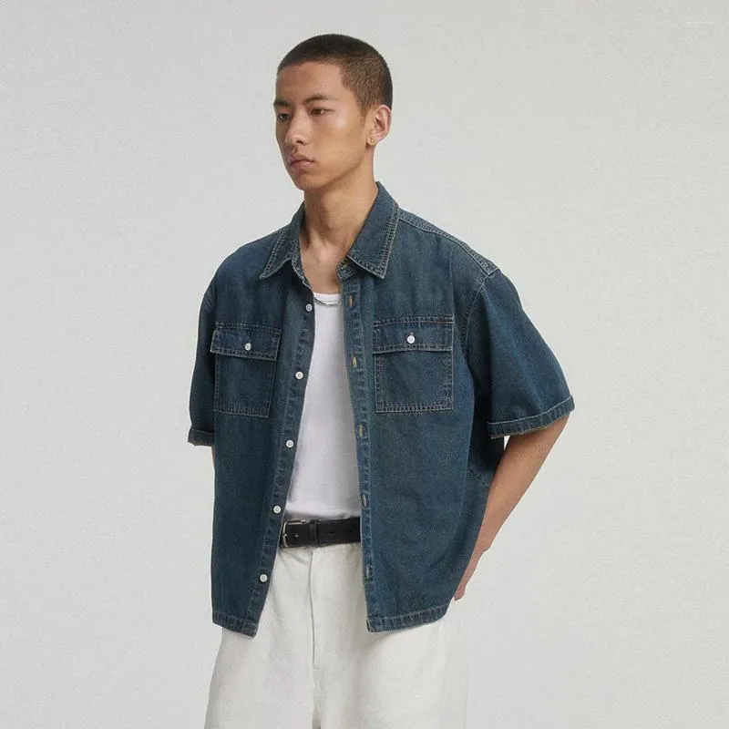 Denim Shirt Men Casual Short Sleeve Blouse Loose Fit, American Vintage  Style, Streetwear Fashion