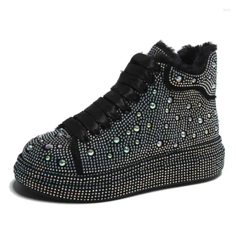 Casual Shoes Top Quality Winter Warm Fur Sneakers Sexy Women Skate Rhinestone High Board Shiny Women's