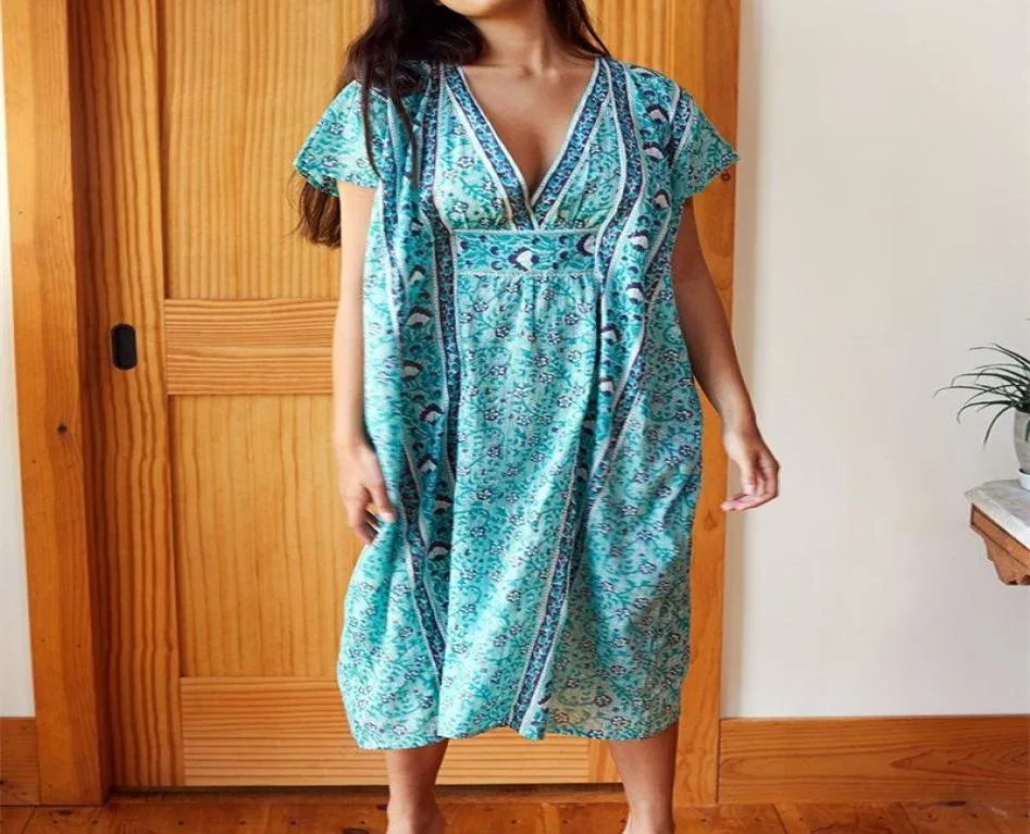 Bohemian tryckt sommarkvinnor Beachwear Kaftan Coverups Beach Dress Cotton Tunic Swim Wear Cover Up Robe de Plage Q921 Sarongs3100970