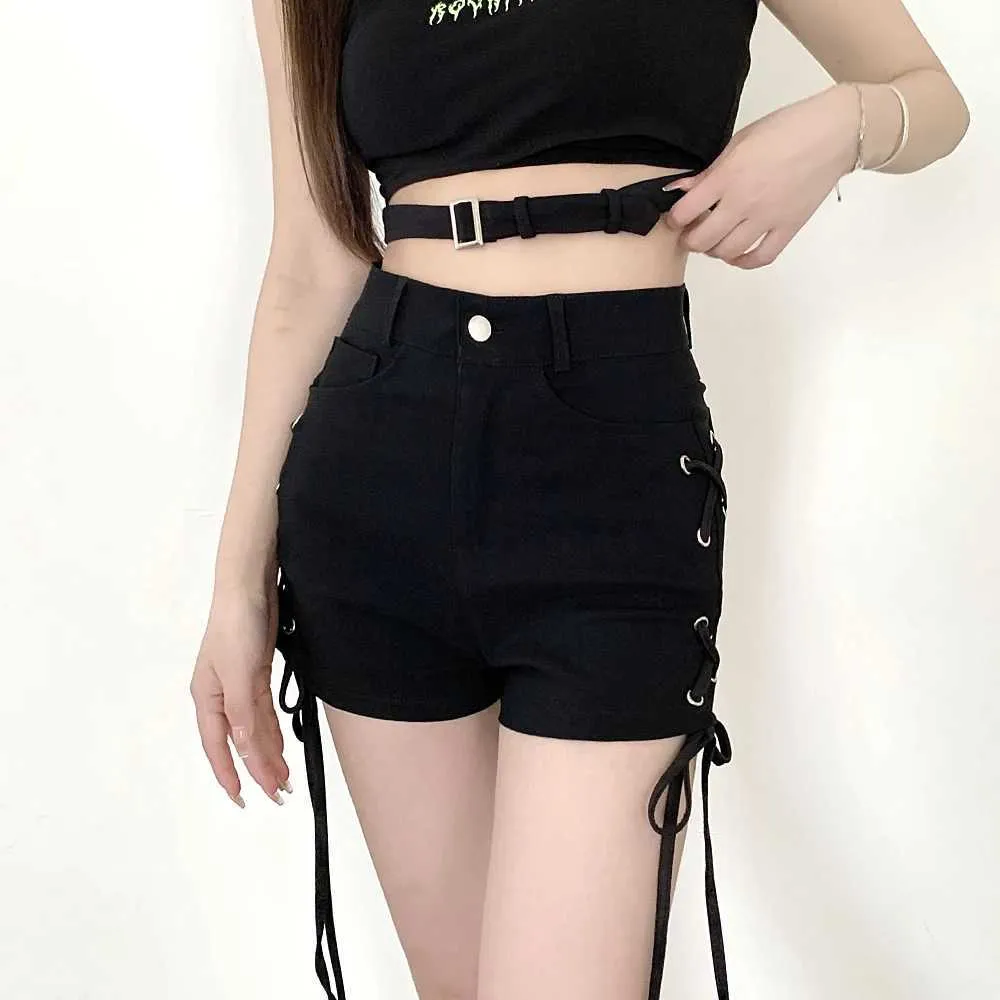 Women's Shorts Black Goth Shorts Women Sexy Bandage Lace Up High Waist Y2k Strtwear Shorts Casual Tight Hot Pants Y240420