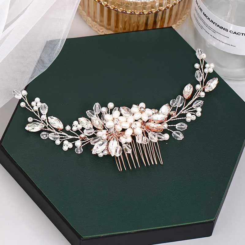 Włosy Wedding Hair Coman Rose Gold Flower Spin Tiara Ręcznie robany Pearl Rhinestone Pałą