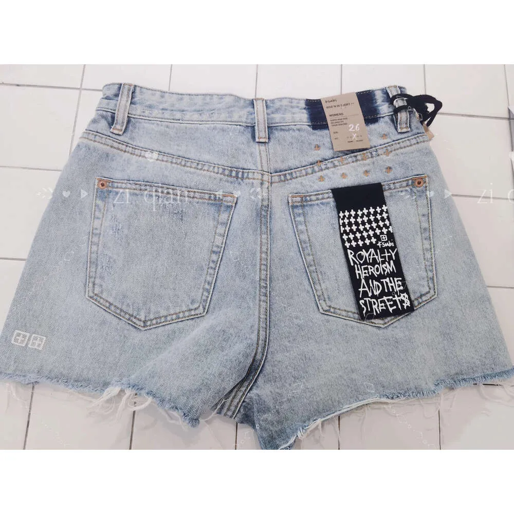 Ksubi Jerans Denim Shorts 여성의 밝은 파란색 하이 허리 구멍과 술과 함께 느슨한 얇은 얇은 여름 섹시한 뜨거운 바지 331