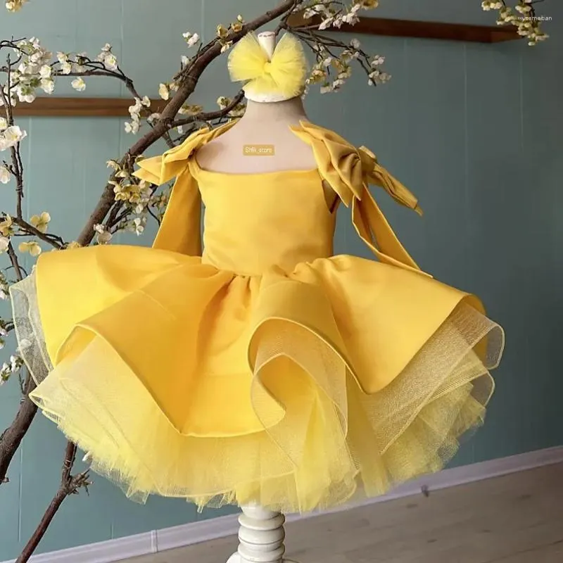 Girl Dresses Yellow Cute Mini Fashion Square Collar Short Ball Gowns With Bow Party Christmas Wedding Flower Girls 2024