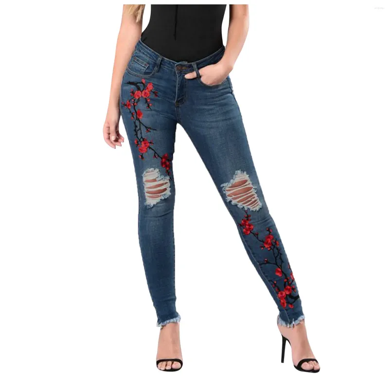 Women's Jeans Button High Waist Elastic Slim Strap Hole Wintersweet Printing Trousers Denim Pants