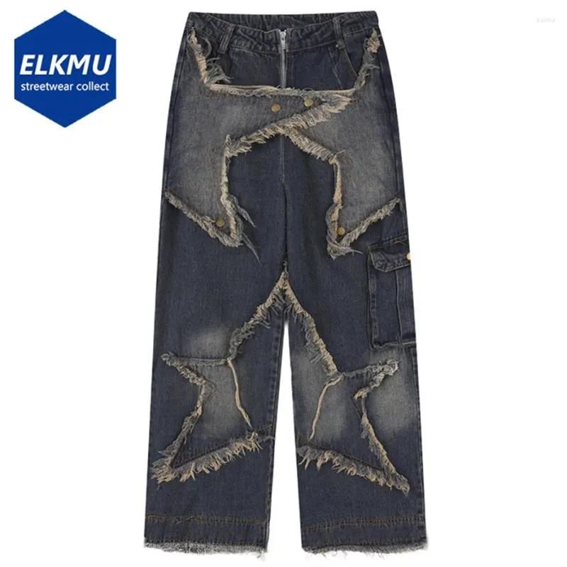 Mäns jeans vintage baggy y2k stjärna skarvade löst blå denim byxor unisex retro streetwear hip hop byxor