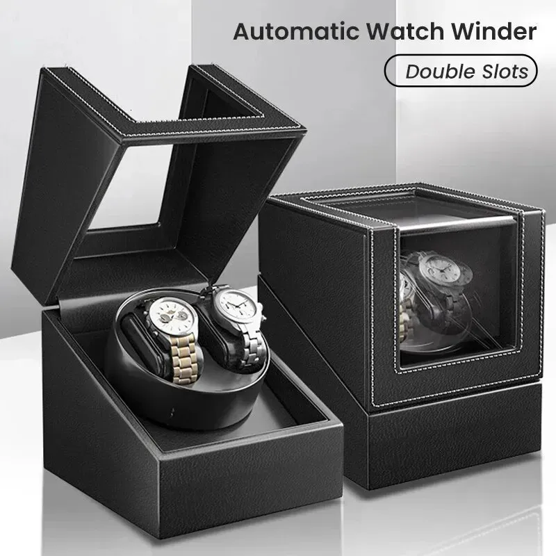 ساعة مزدوجة الساعات التلقائية الساعات الأوتوماتيكية Watch Winder Leather Box 2 فتحات مشاهدة للرجال مع محرك هادئ 240412