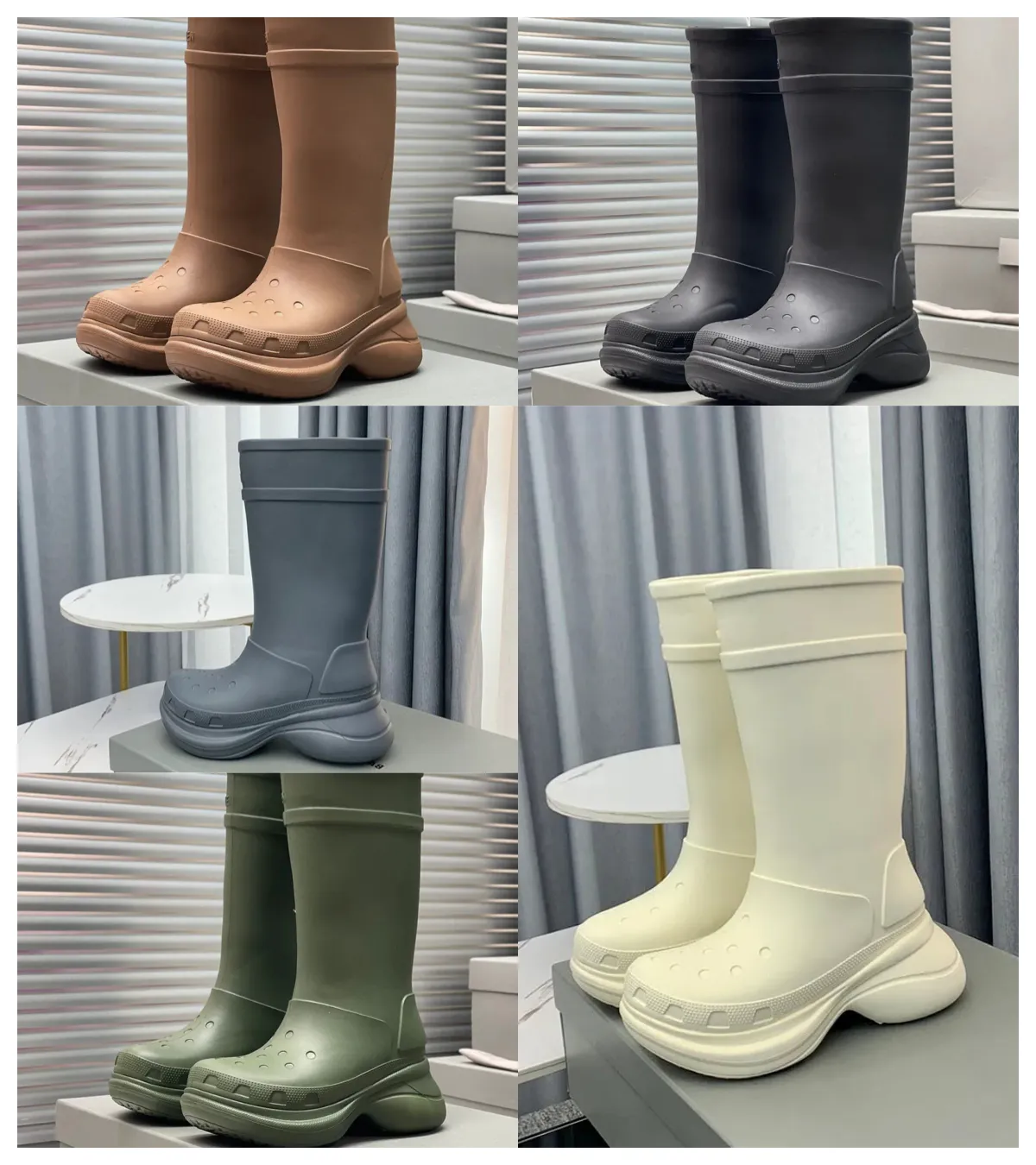 2024 Novo designer infantil crocse eco entupida de verão altos botas de chuva de joelho de joelho de 6 cm de borracha sola de borracha de moda unissex casual calçados calçados de fábrica