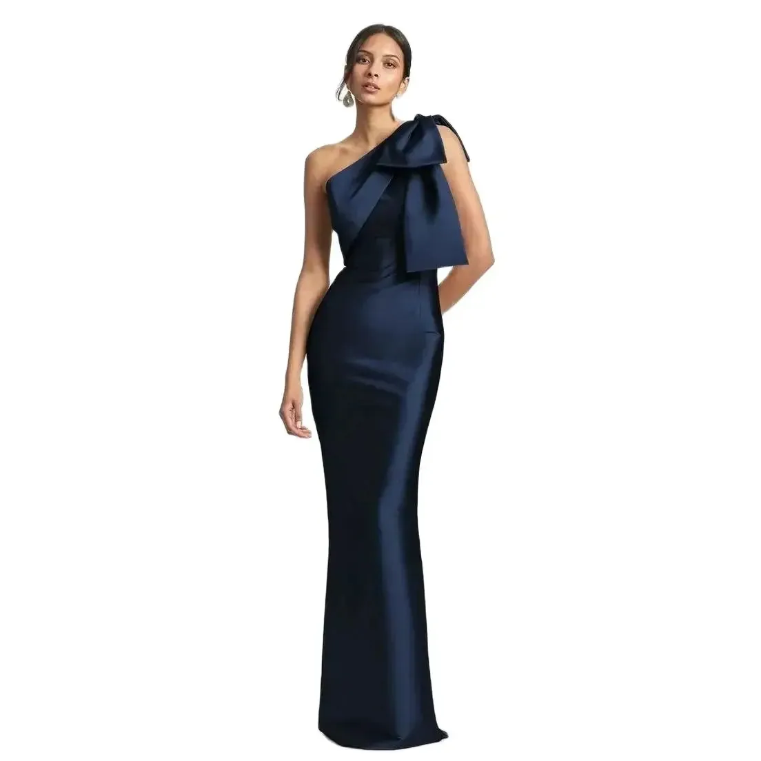 Elegante lange een schouder Dark Navy prom -jurken met boog zeemeermin satijnen rits terug geplooide vloerlengte avondjurken voor vrouwen