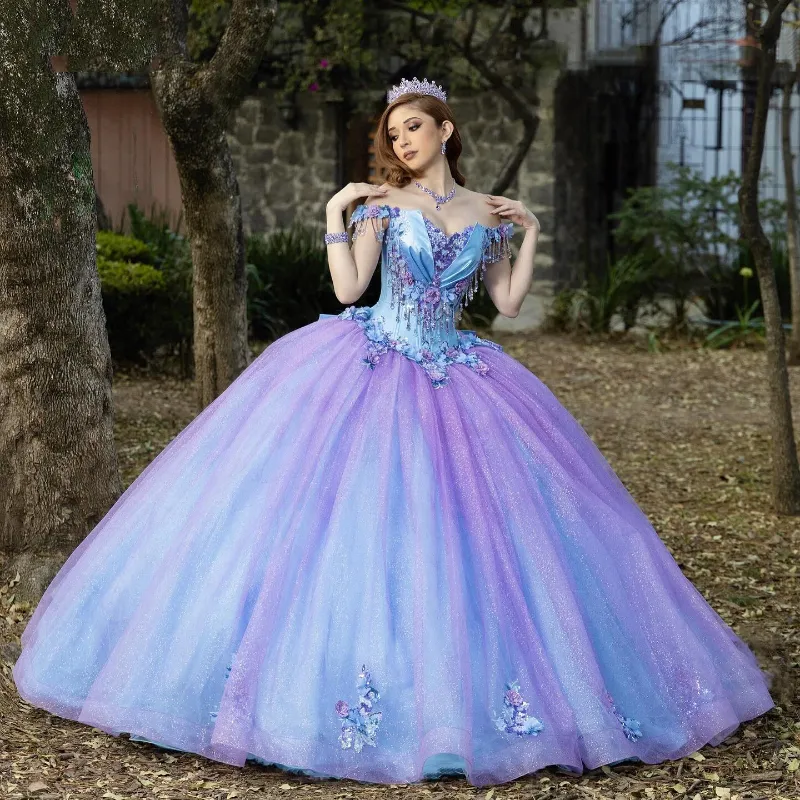 Lavande ciel bleu à côté de l'épaule quinceanera robe robe de boule dentelle appliquée ligée cristal tul corset sweet 16 vestido de 15 anos
