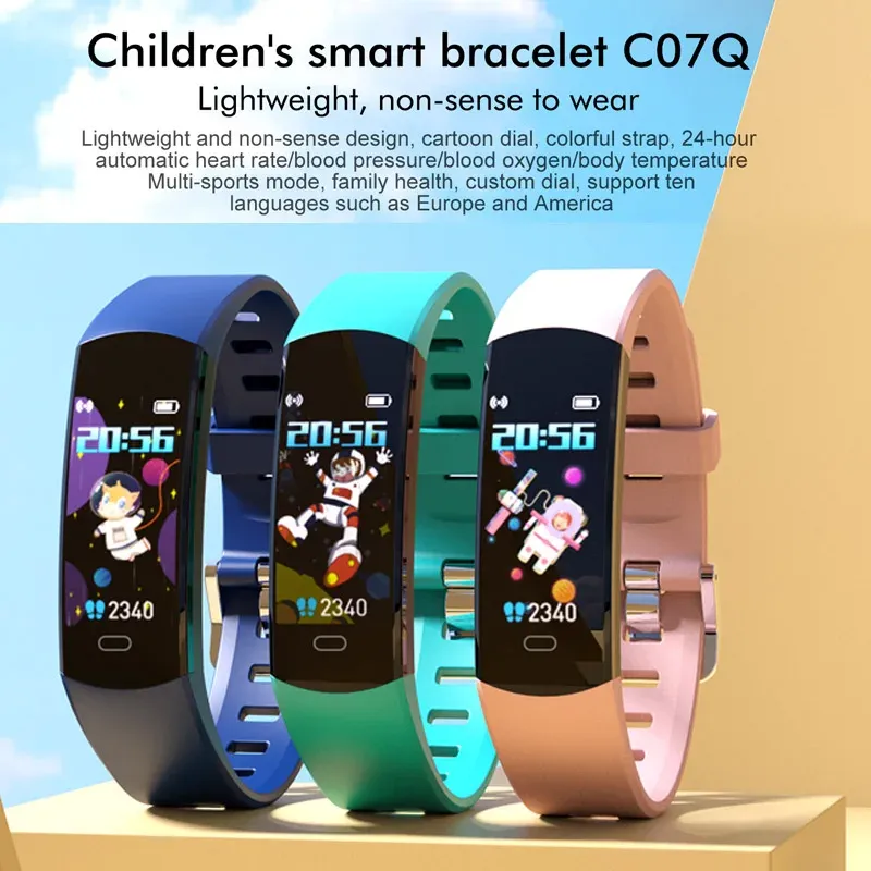 Armband C07Q Barn Smart armband Anpassade ratten Hjärtfrekvens Blodtryck Syre Body Temperatur Kids Smart Alarm Clock