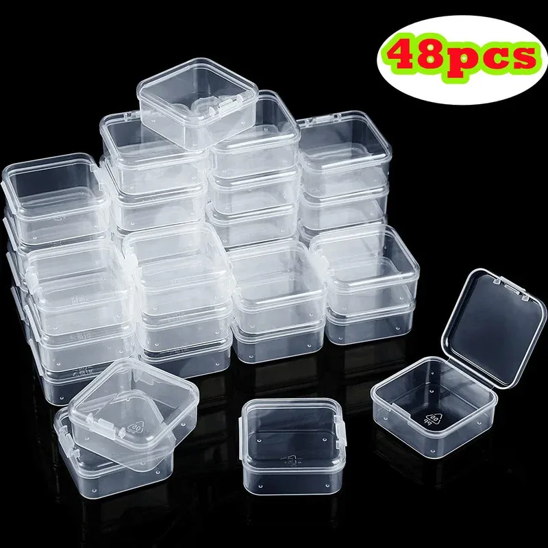Accessories 48PCS Mini Clear Plastic Storage Containers with Lids Empty Hinged Boxes for Beads Jewelry Tools Craft Supplies Flossers Fishing